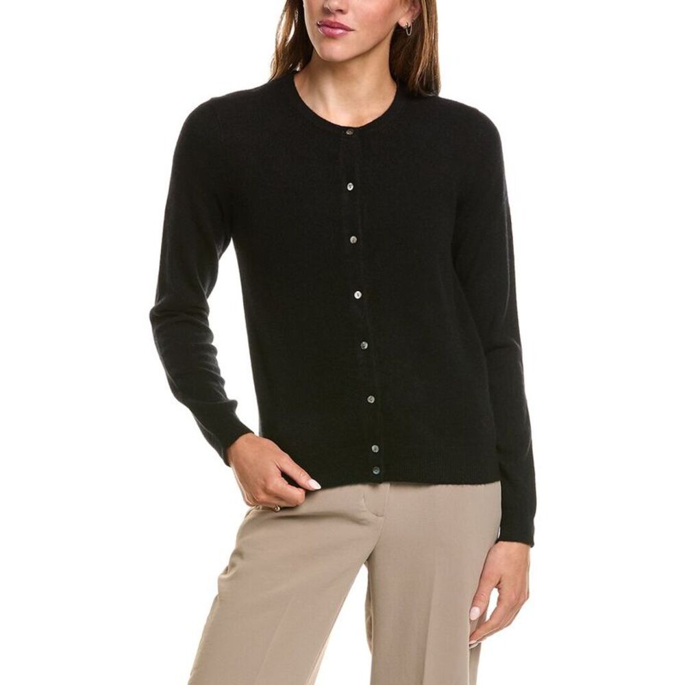 Incashmere Womens Basic Crewneck 100% Cashmere Cardigan, Black